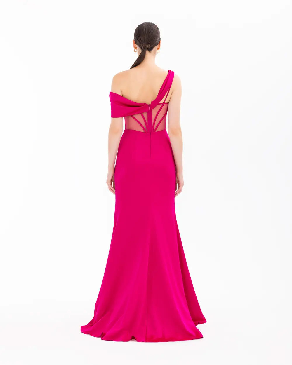 One Shoulder Draped Transparent Evening Dress with Slit Detail