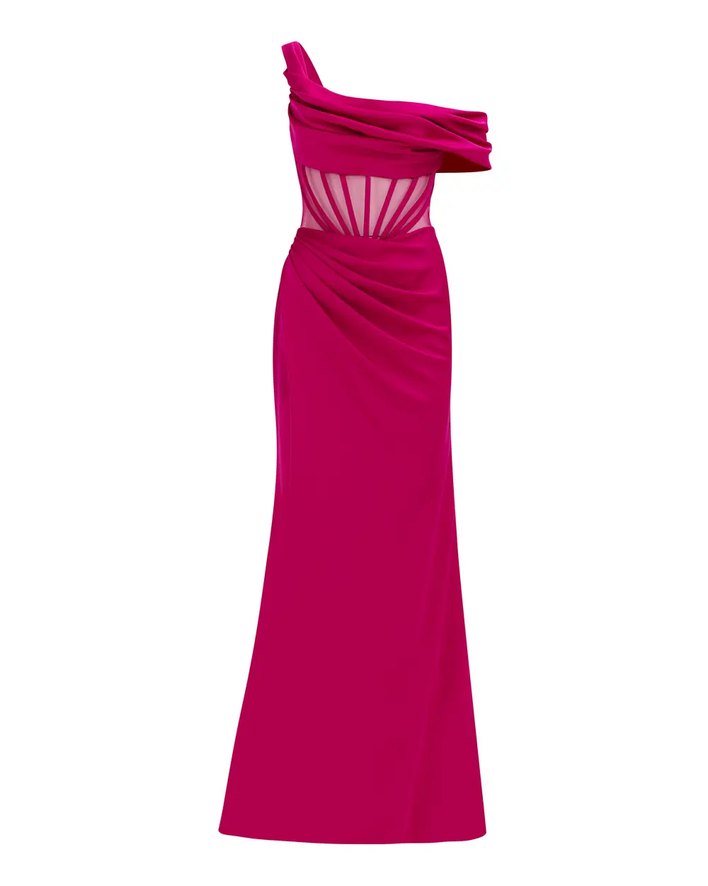 One Shoulder Draped Transparent Evening Dress with Slit Detail