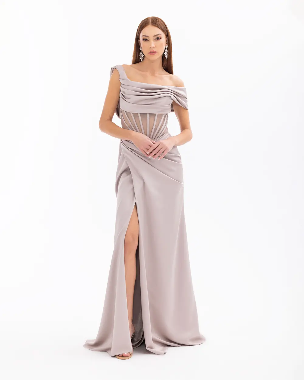 One Shoulder Draped Transparent Evening Dress with Slit Detail