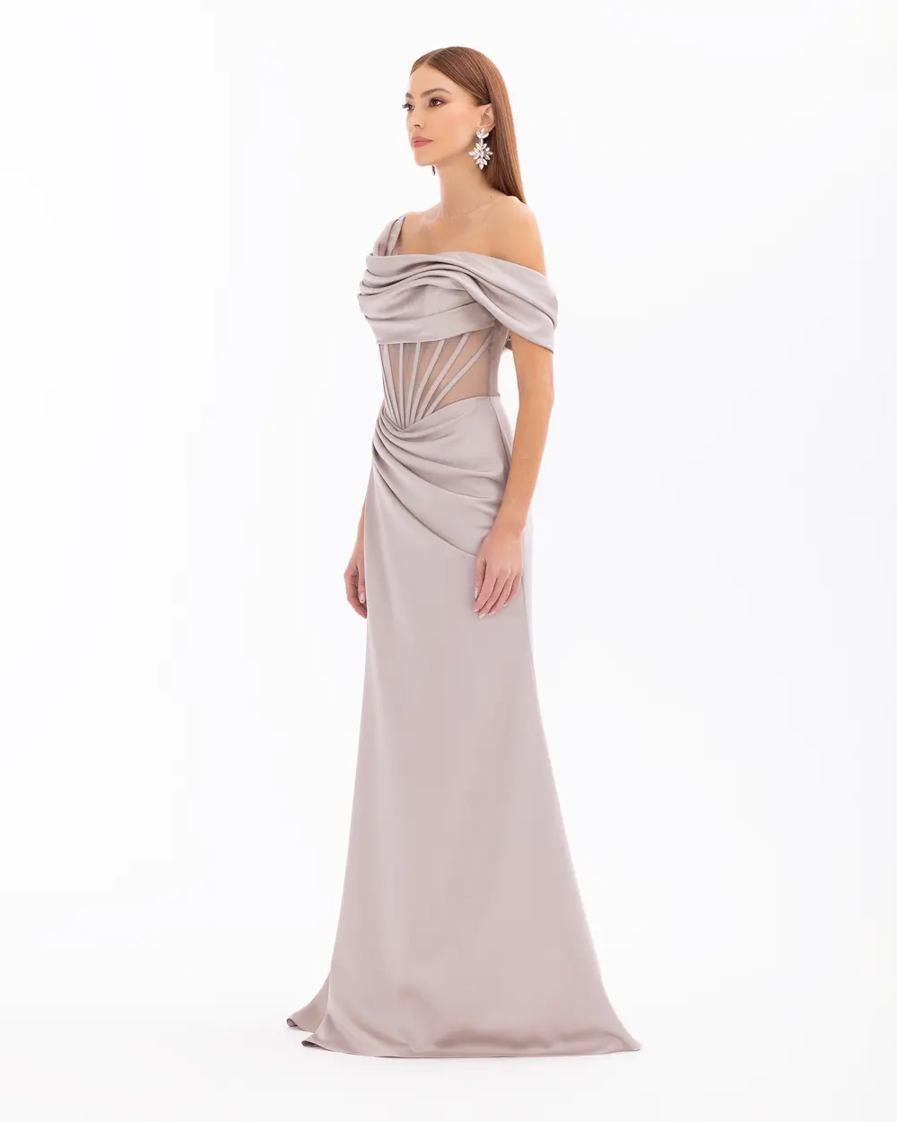 One Shoulder Draped Transparent Evening Dress with Slit Detail