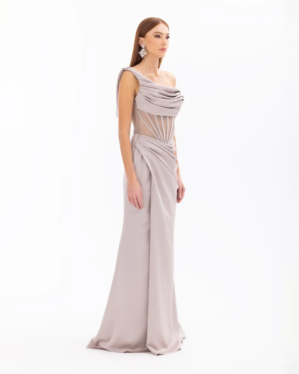 One Shoulder Draped Transparent Evening Dress with Slit Detail