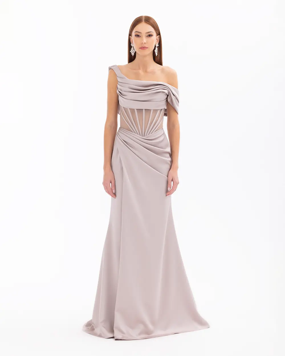 One Shoulder Draped Transparent Evening Dress with Slit Detail