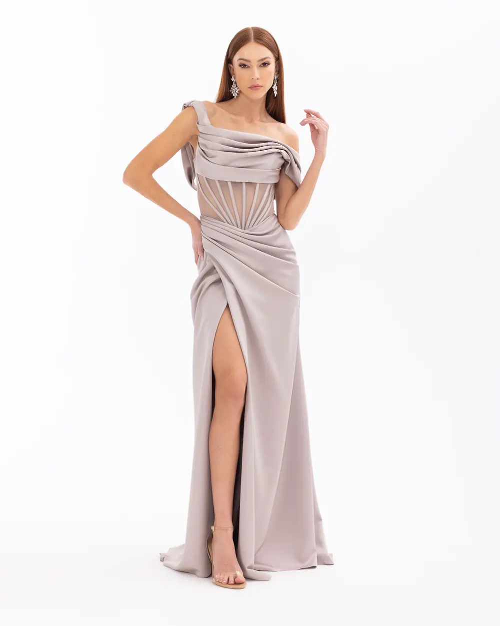 One Shoulder Draped Transparent Evening Dress with Slit Detail