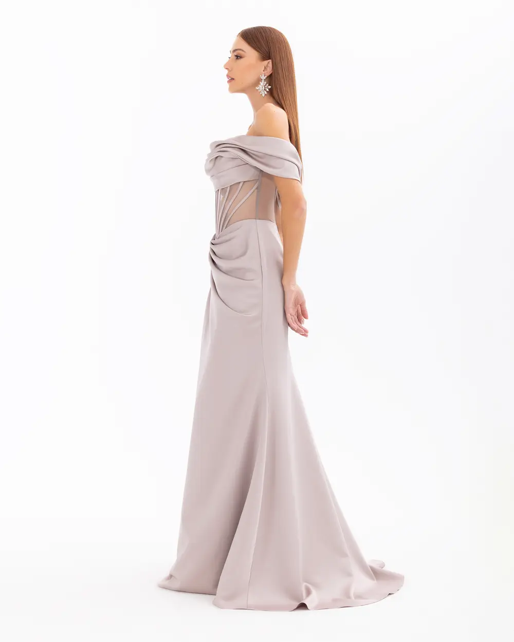 One Shoulder Draped Transparent Evening Dress with Slit Detail