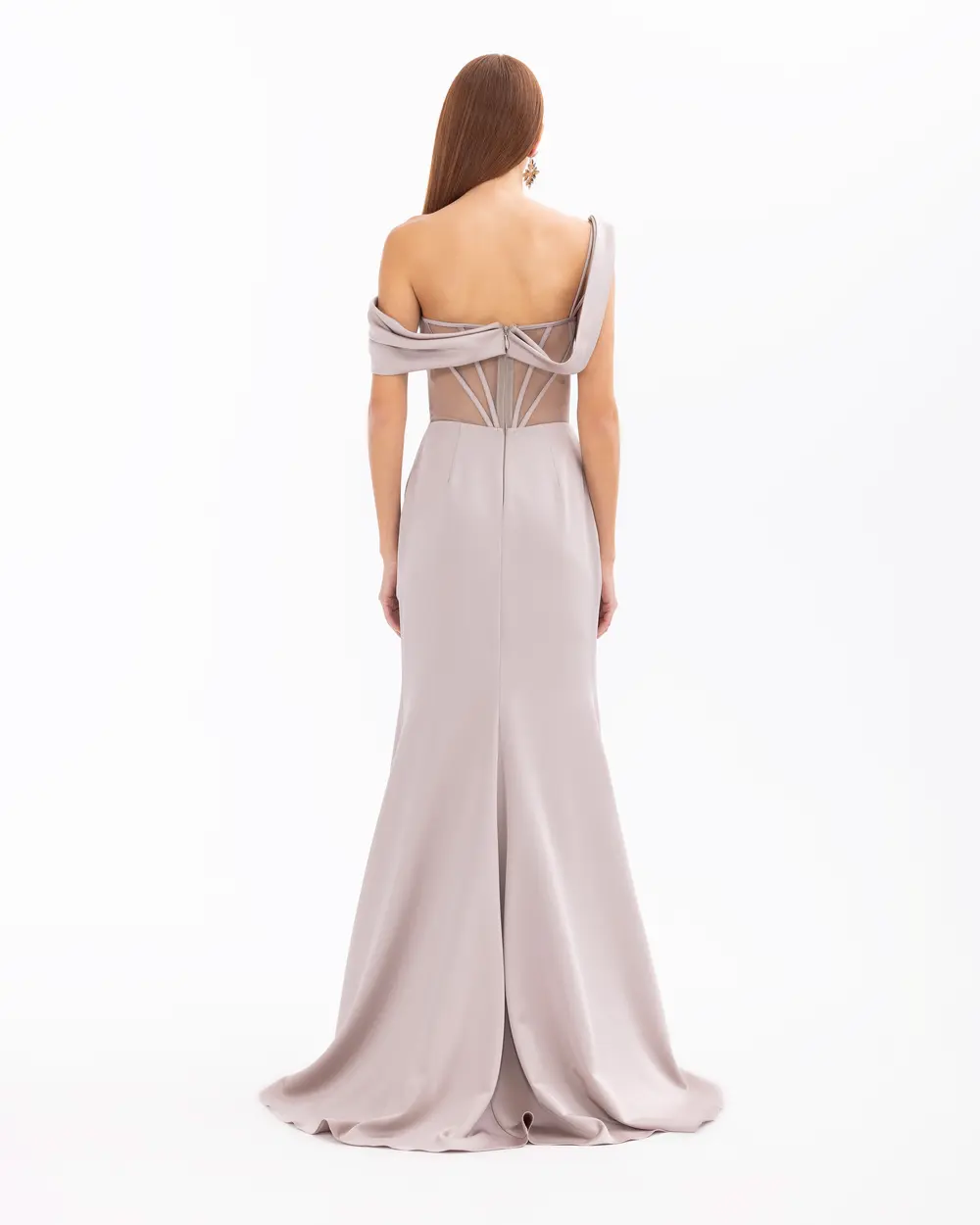 One Shoulder Draped Transparent Evening Dress with Slit Detail