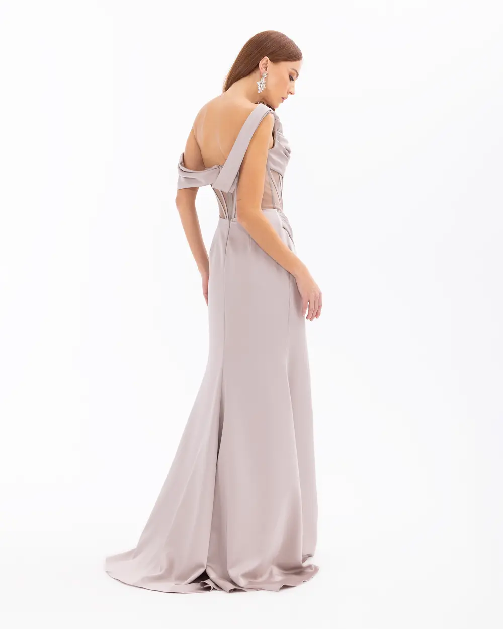 One Shoulder Draped Transparent Evening Dress with Slit Detail