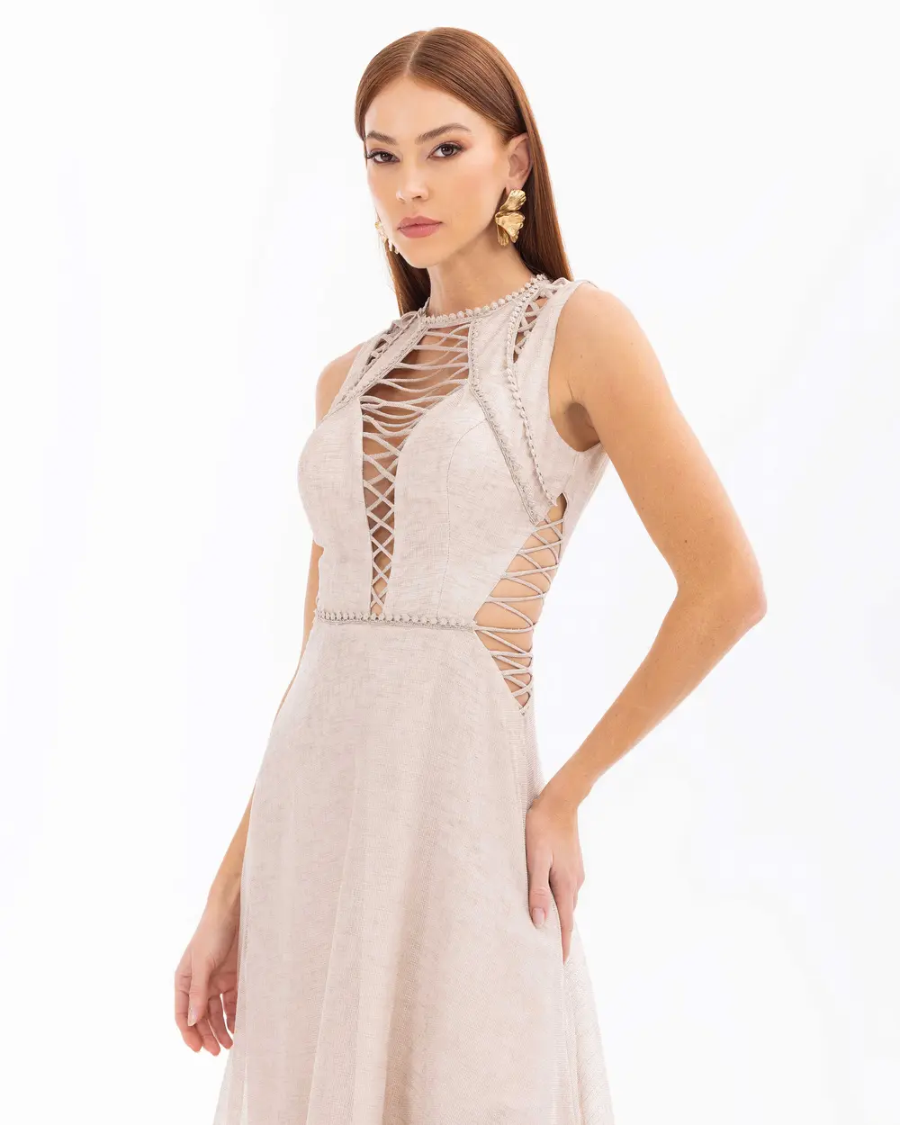 Halter Neck Sleeveless Linen Evening Dress