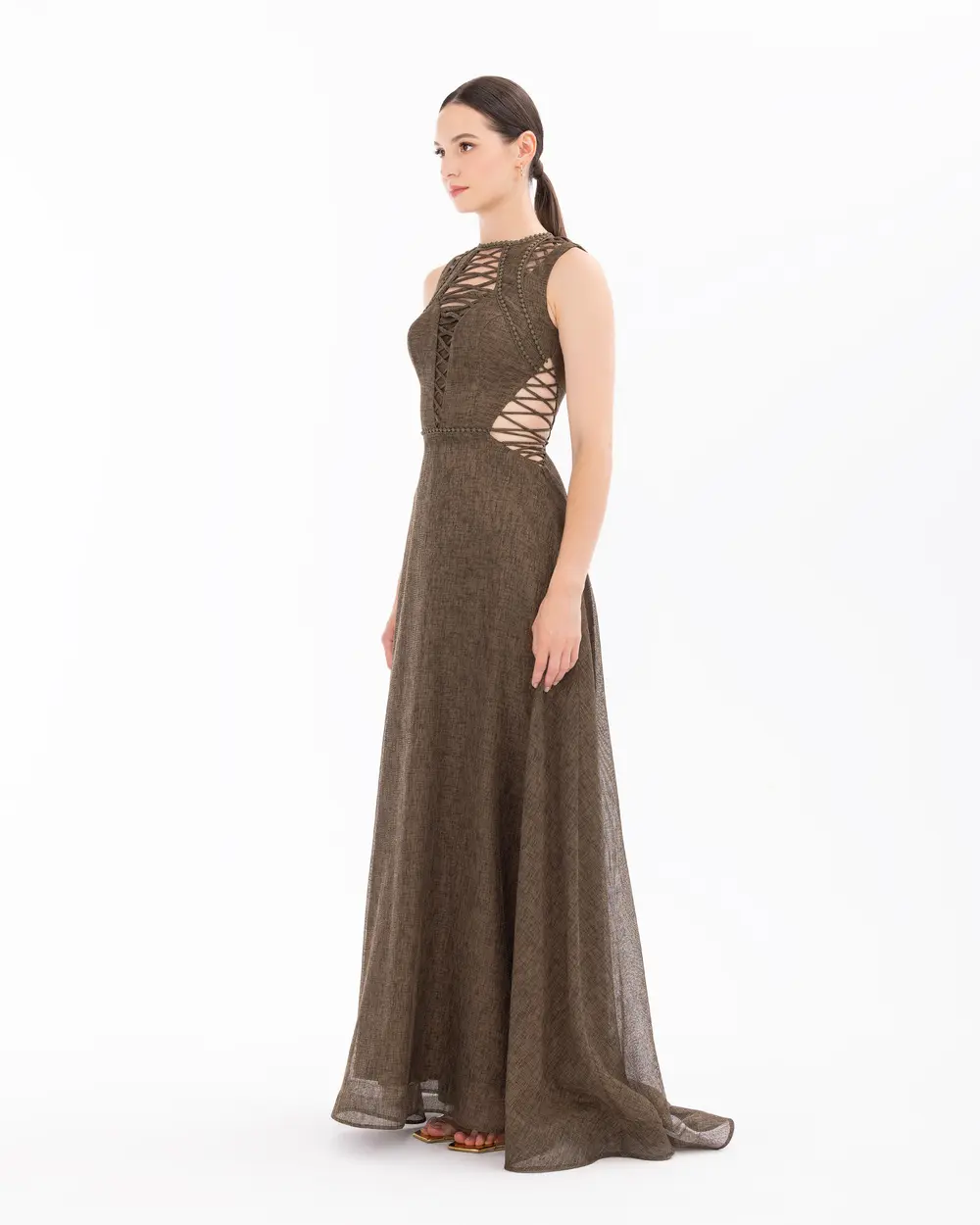 Halter Neck Sleeveless Linen Evening Dress