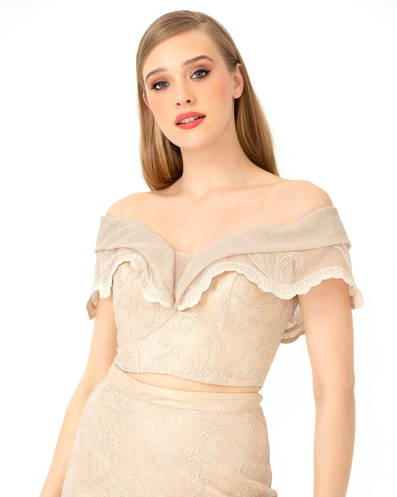 Open Shoulder Midi Length Evening Dress