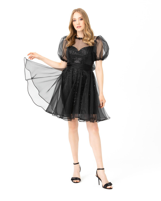  Mini Length Belted Tulle Evening Dress