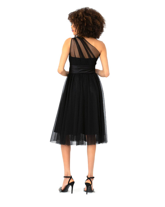 Open Shoulder Midi Length Tulle Evening Dress