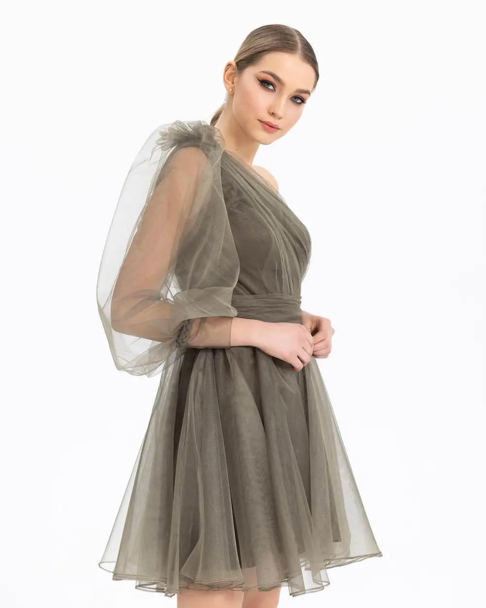  ONE SHOULDER TULLE MINI SIZE EVENING DRESS