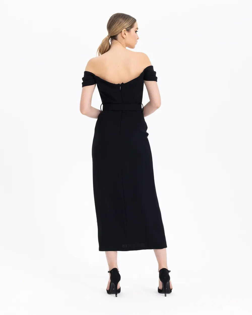 BOAT COLLAR BELTED EVENING DRESS