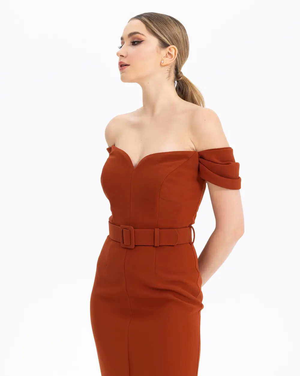 BOAT COLLAR BELTED EVENING DRESS