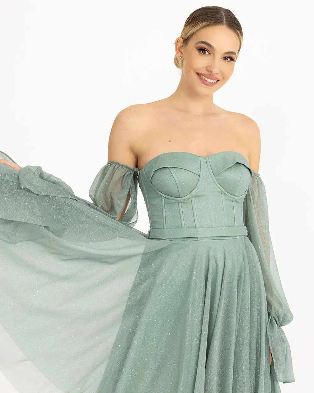 BELTED TULLE EVENING DRESS