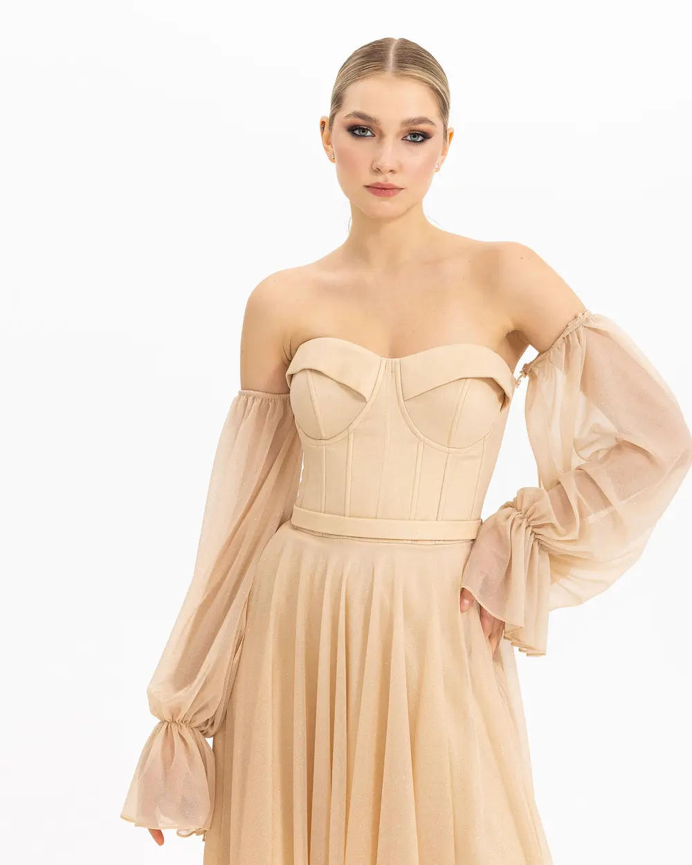BELTED TULLE EVENING DRESS