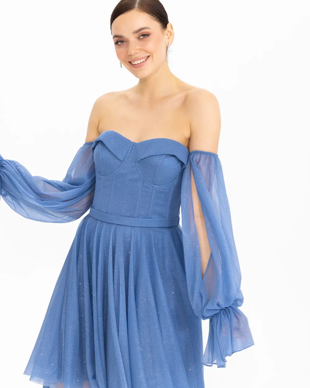 BELTED TULLE EVENING DRESS