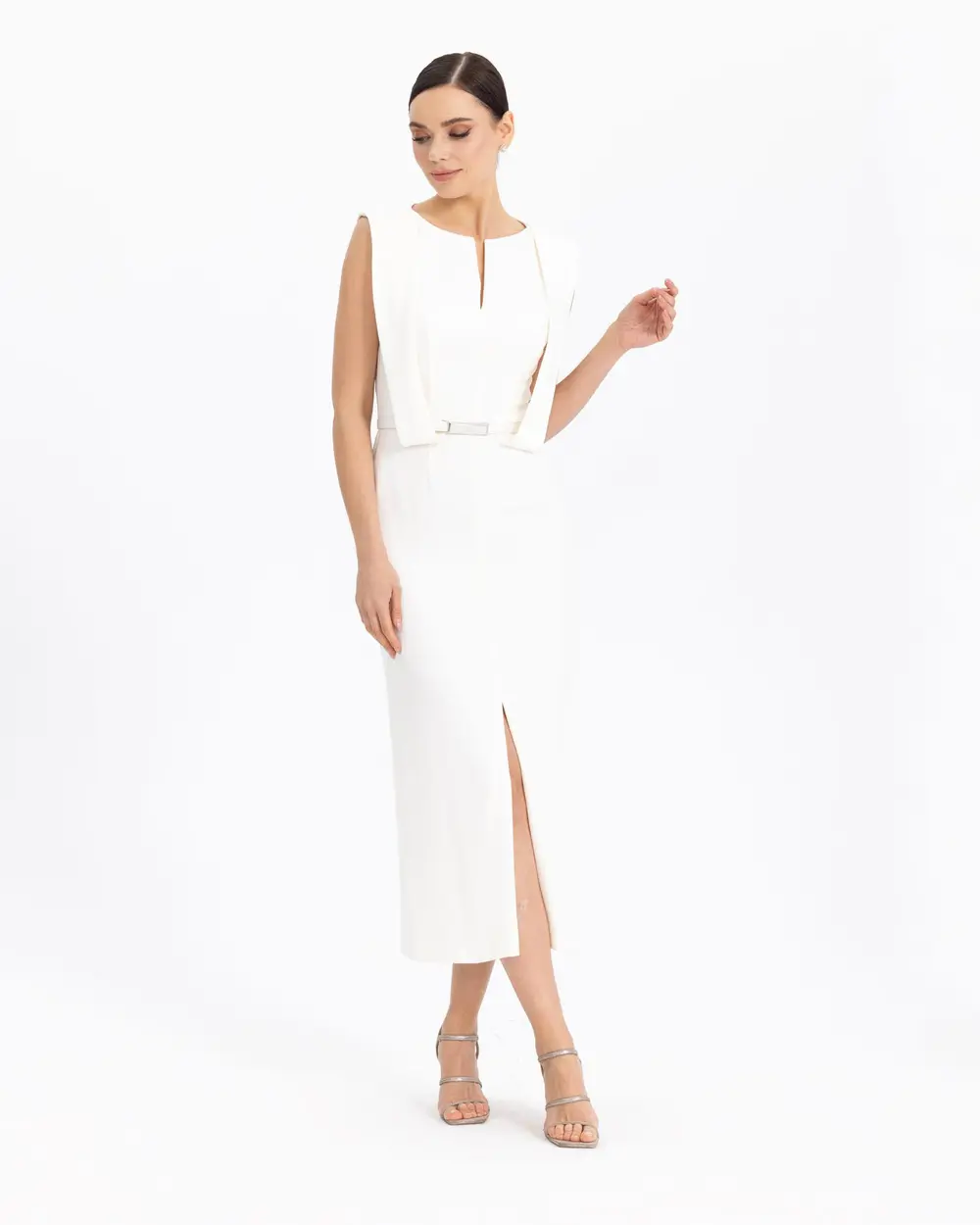  BELTED SLEEVE DETAILED NARROW FORM EVENING DRESS