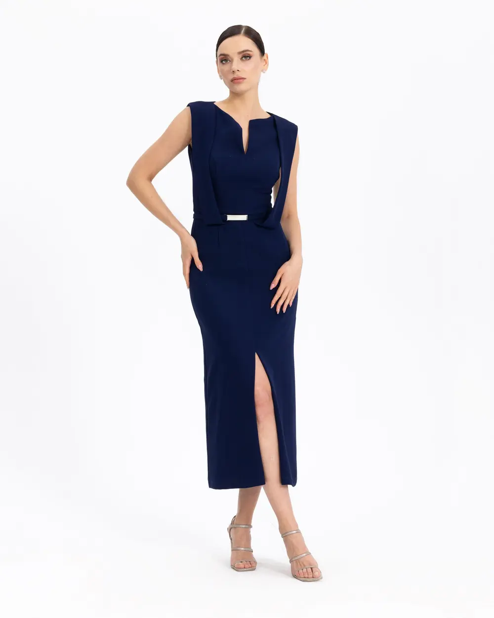  BELTED SLEEVE DETAILED NARROW FORM EVENING DRESS