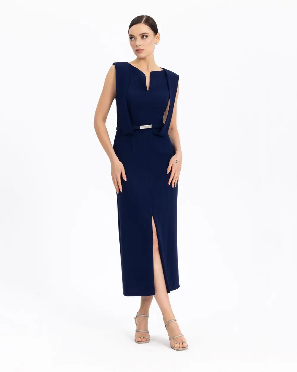  BELTED SLEEVE DETAILED NARROW FORM EVENING DRESS