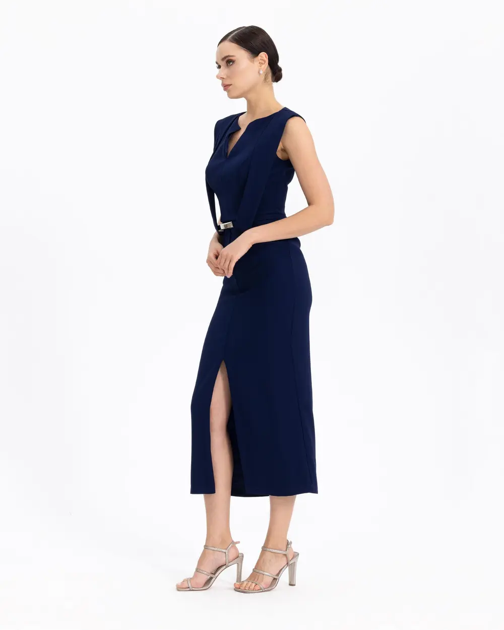  BELTED SLEEVE DETAILED NARROW FORM EVENING DRESS