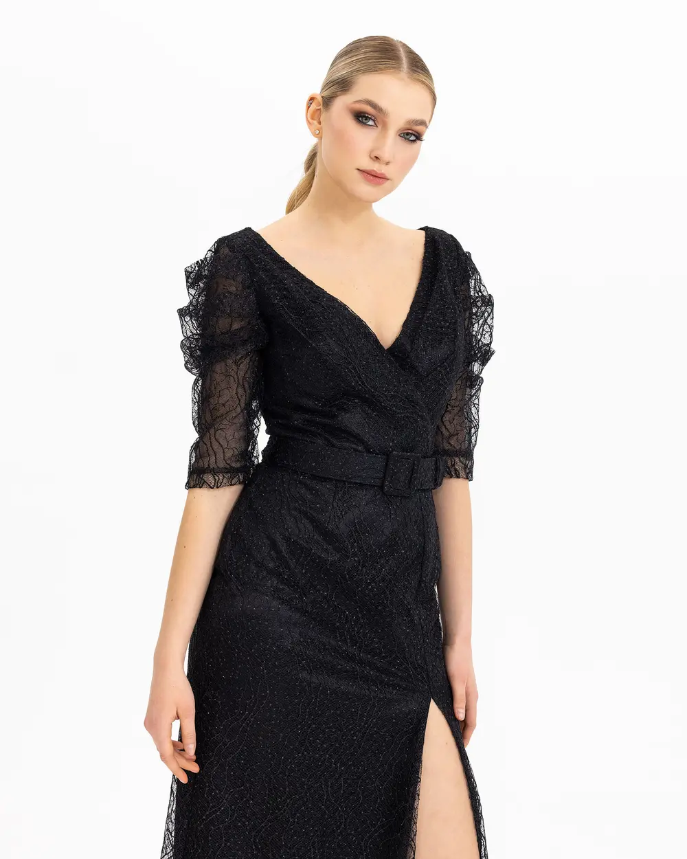 BELTED TROVACARD SLEEVE BRODE EVENING DRESS