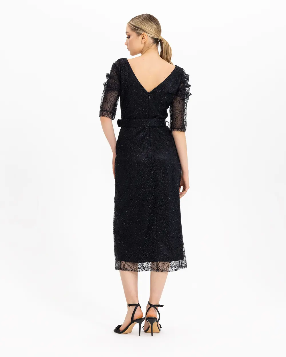 BELTED TROVACARD SLEEVE BRODE EVENING DRESS