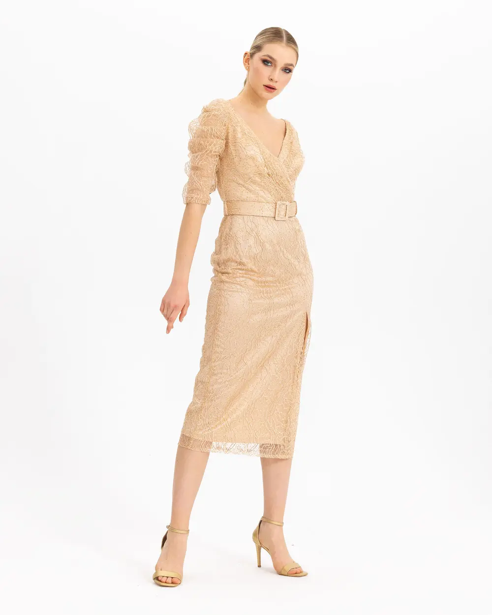 BELTED TROVACARD SLEEVE BRODE EVENING DRESS