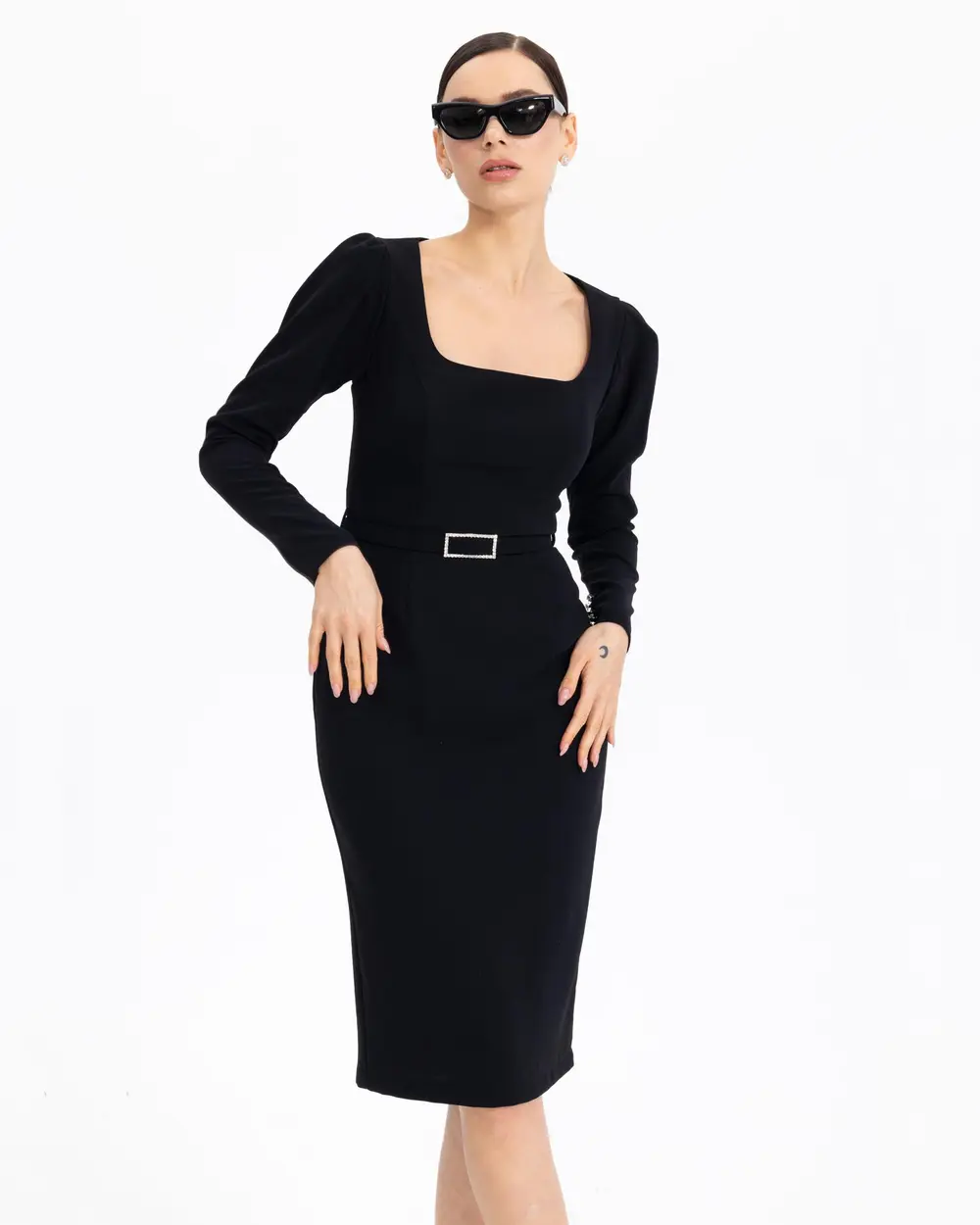 BELTED SQUARE COLLAR NARROW FORM EVENING DRESS