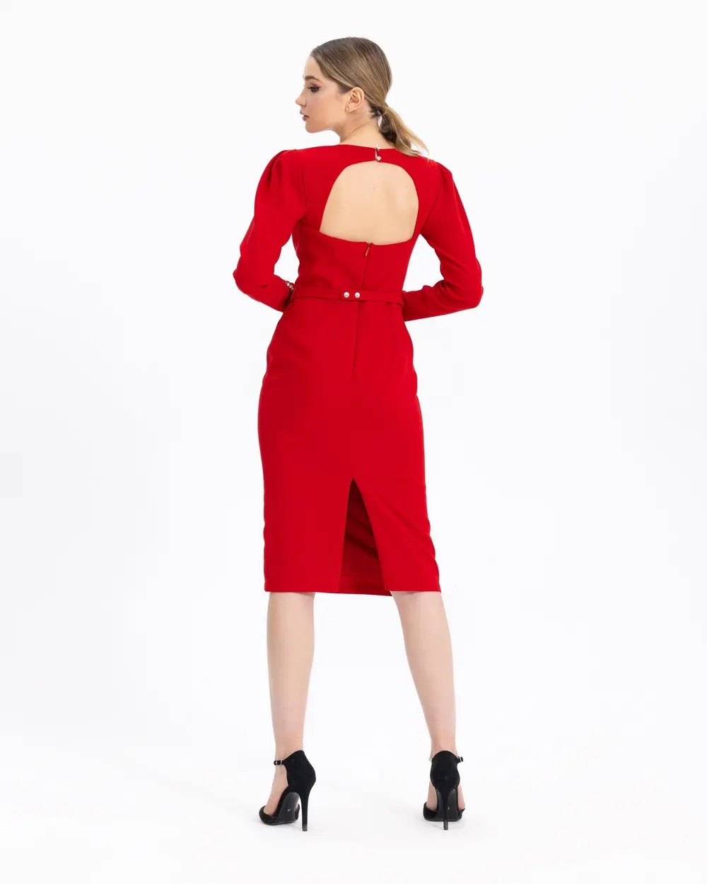 BELTED SQUARE COLLAR NARROW FORM EVENING DRESS