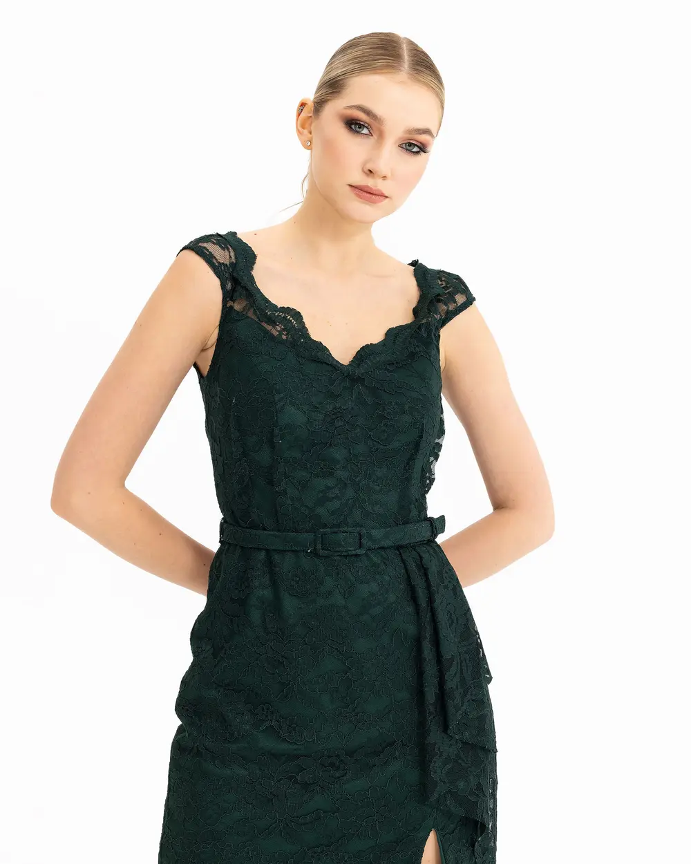 BELTED SLEEVE LACE EVENING DRESS