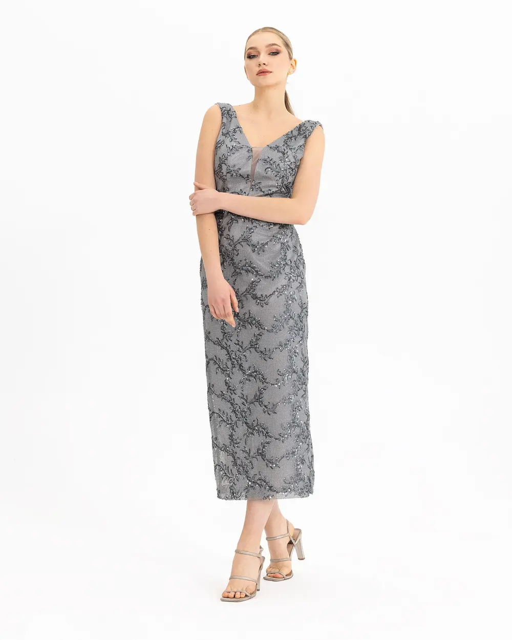 SEQUINE DETAILED PATTERNED MIDI LONG EVENING DRESS