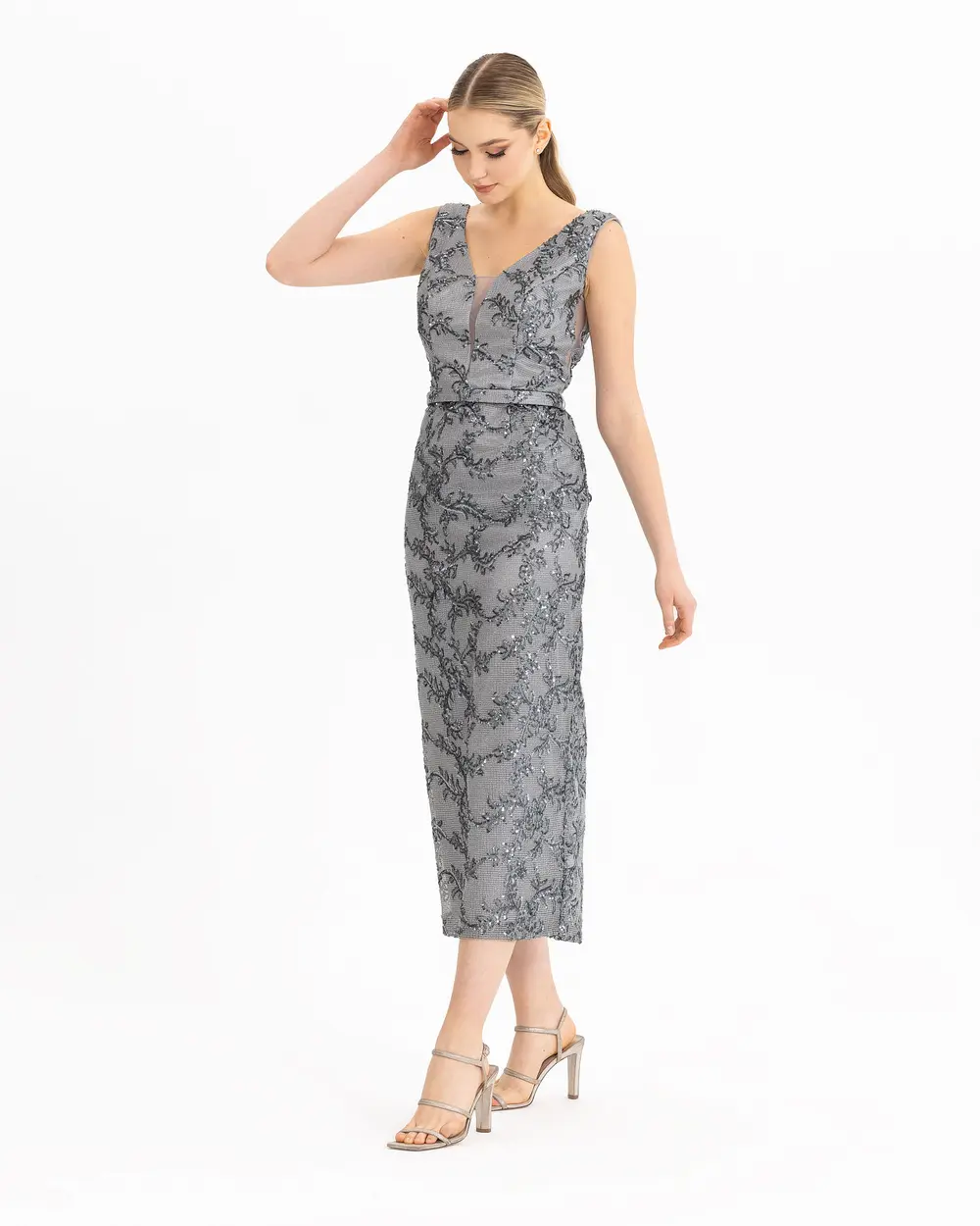 SEQUINE DETAILED PATTERNED MIDI LONG EVENING DRESS