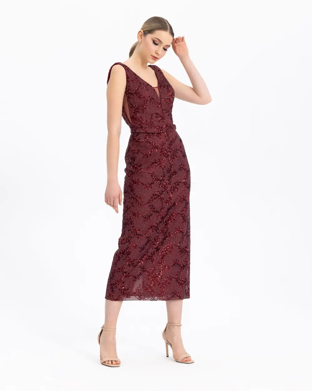 SEQUINE DETAILED PATTERNED MIDI LONG EVENING DRESS