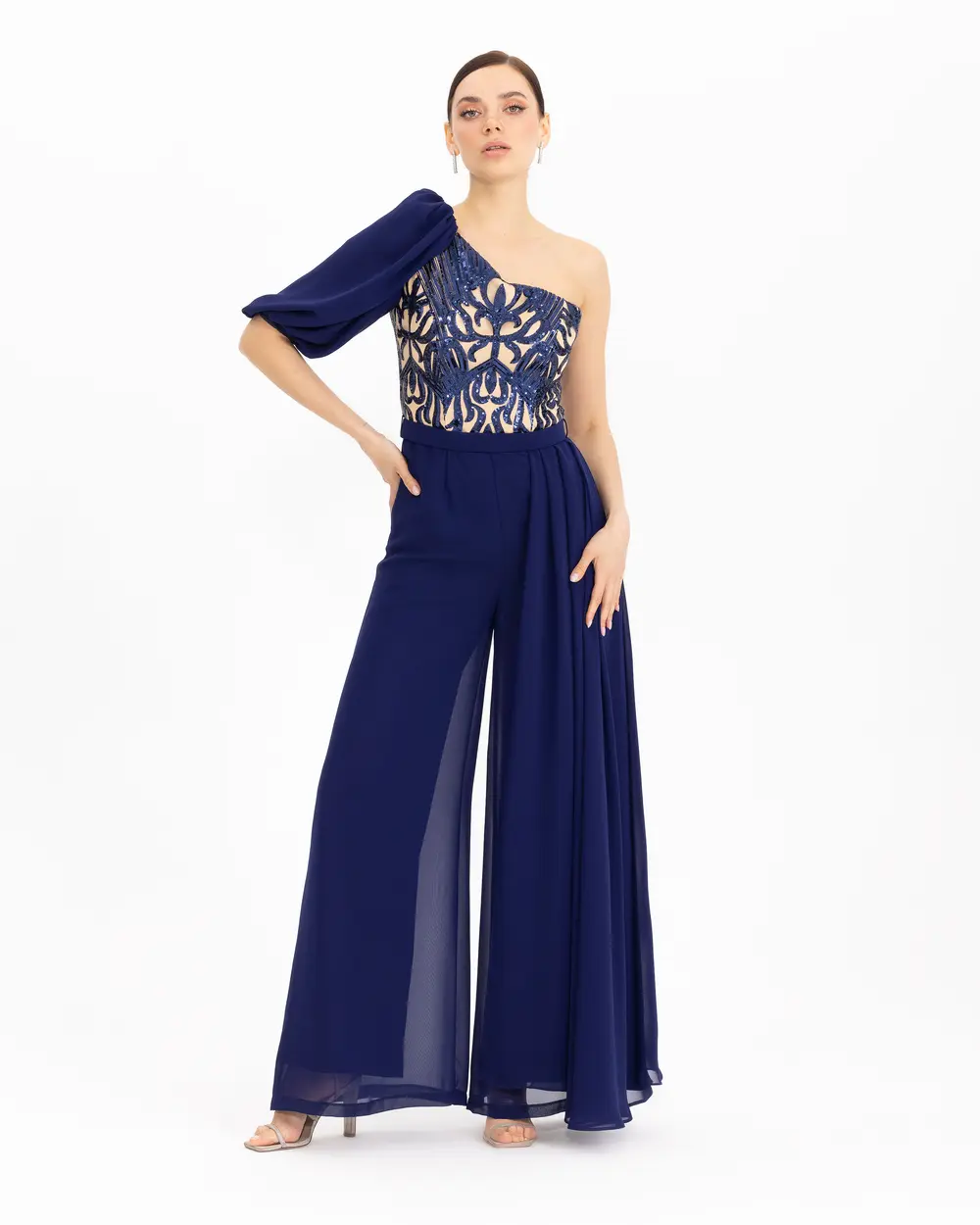 Sequin Detailed One Shoulder Evening Dress Jumpsuit