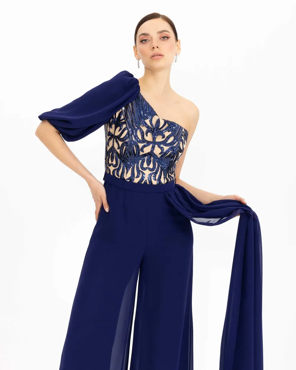 Sequin Detailed One Shoulder Evening Dress Jumpsuit