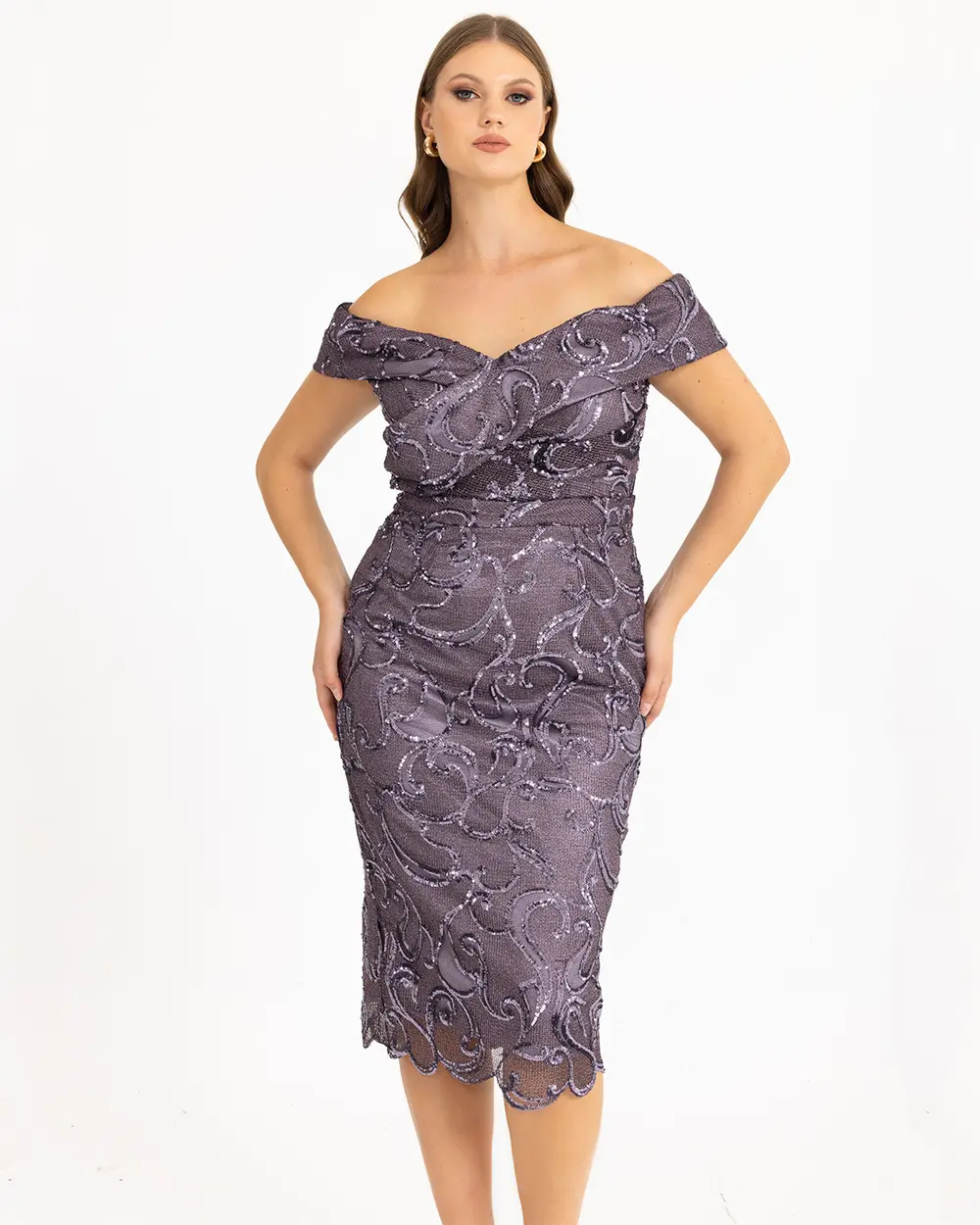  Plus Size Sequined Boat Neck Evening Dress