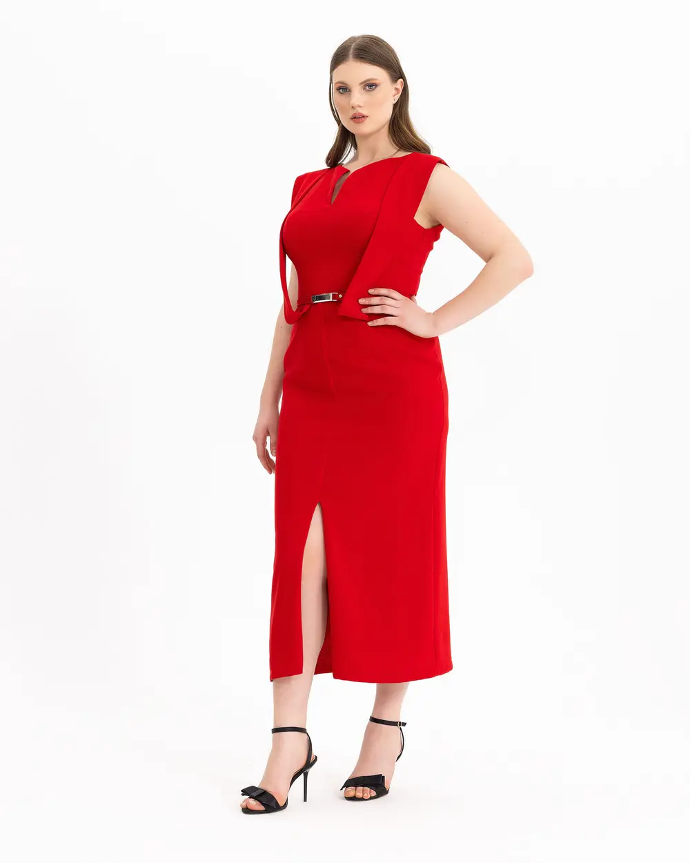 PLUS SIZE BELTED NARROW FORM EVENING DRESS WITH SPLIT DETAIL