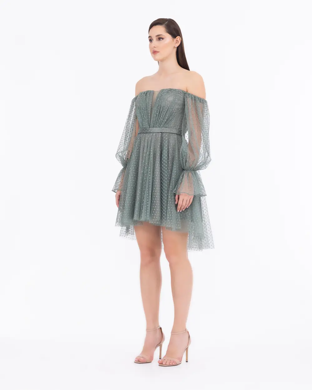 Open Shoulder Mini Length Tulle Evening Dress