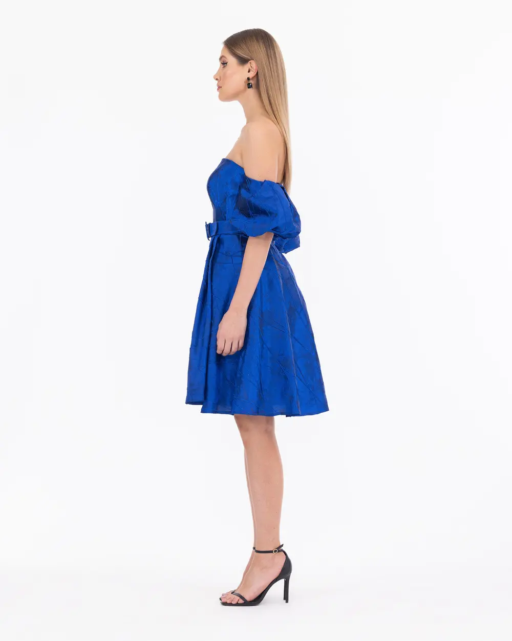 Belted Balloon Sleeve Strapless Evening Dress