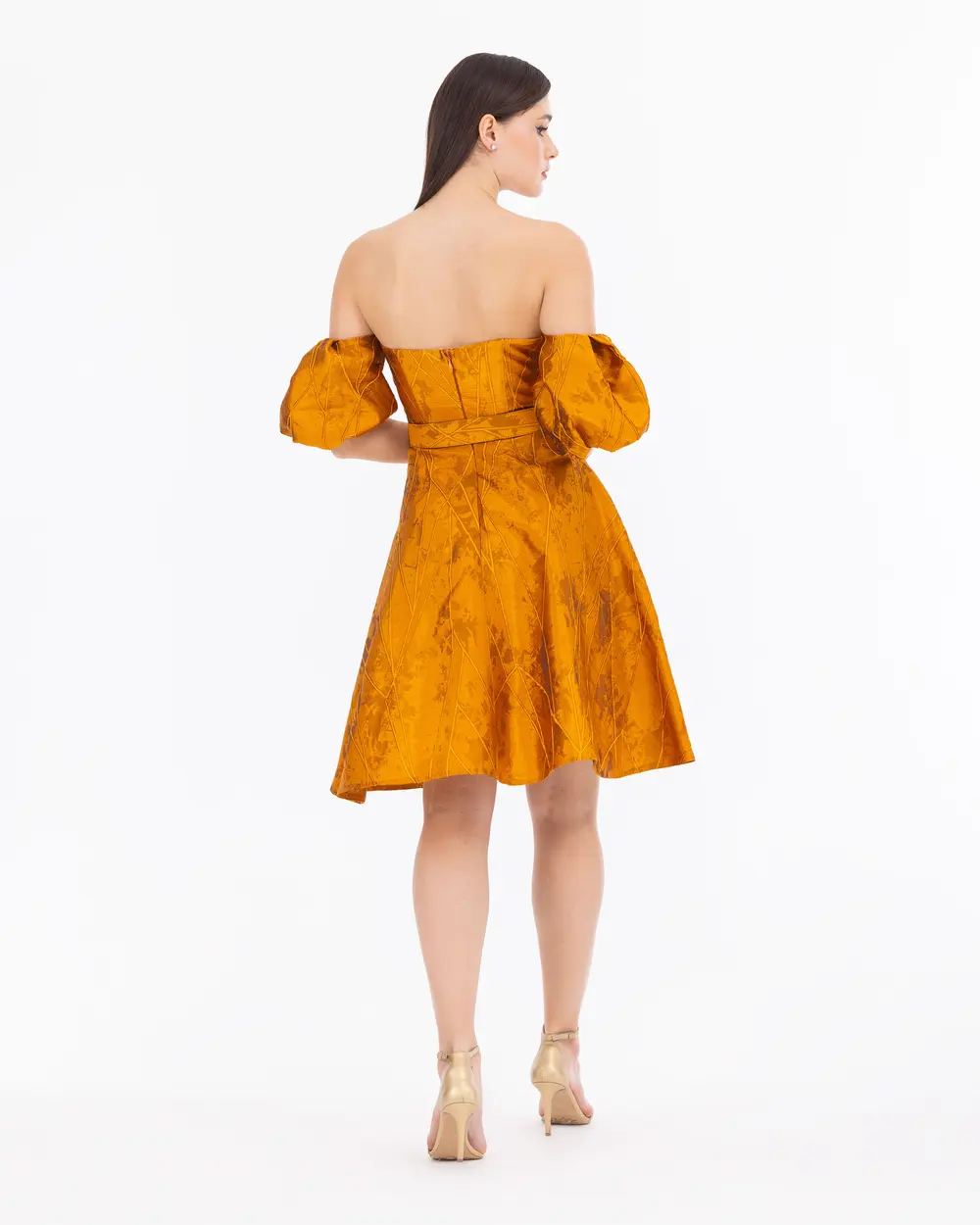 Belted Balloon Sleeve Strapless Evening Dress