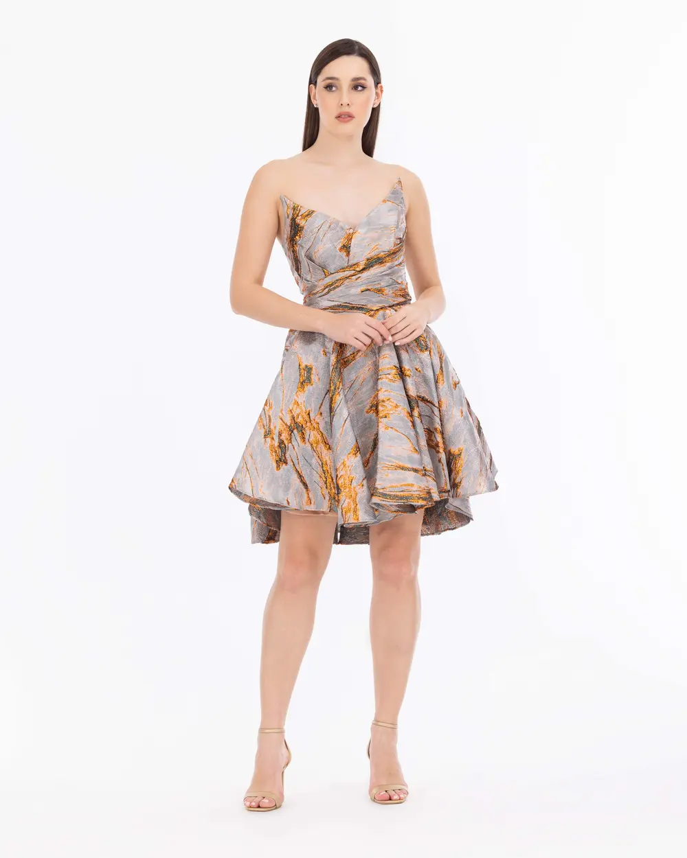 Dovetail Collar Draped Detailed Jacquard Evening Dress