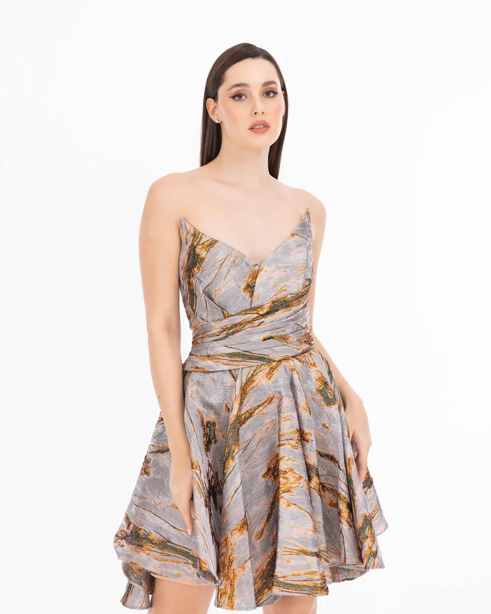 Dovetail Collar Draped Detailed Jacquard Evening Dress