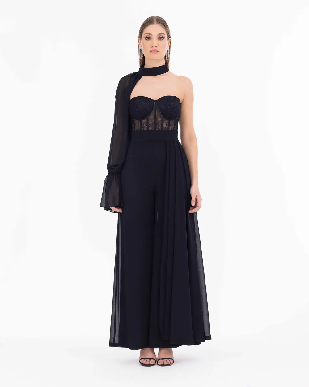 Bust Cup Detachable Sleeve Lace Evening Dress
