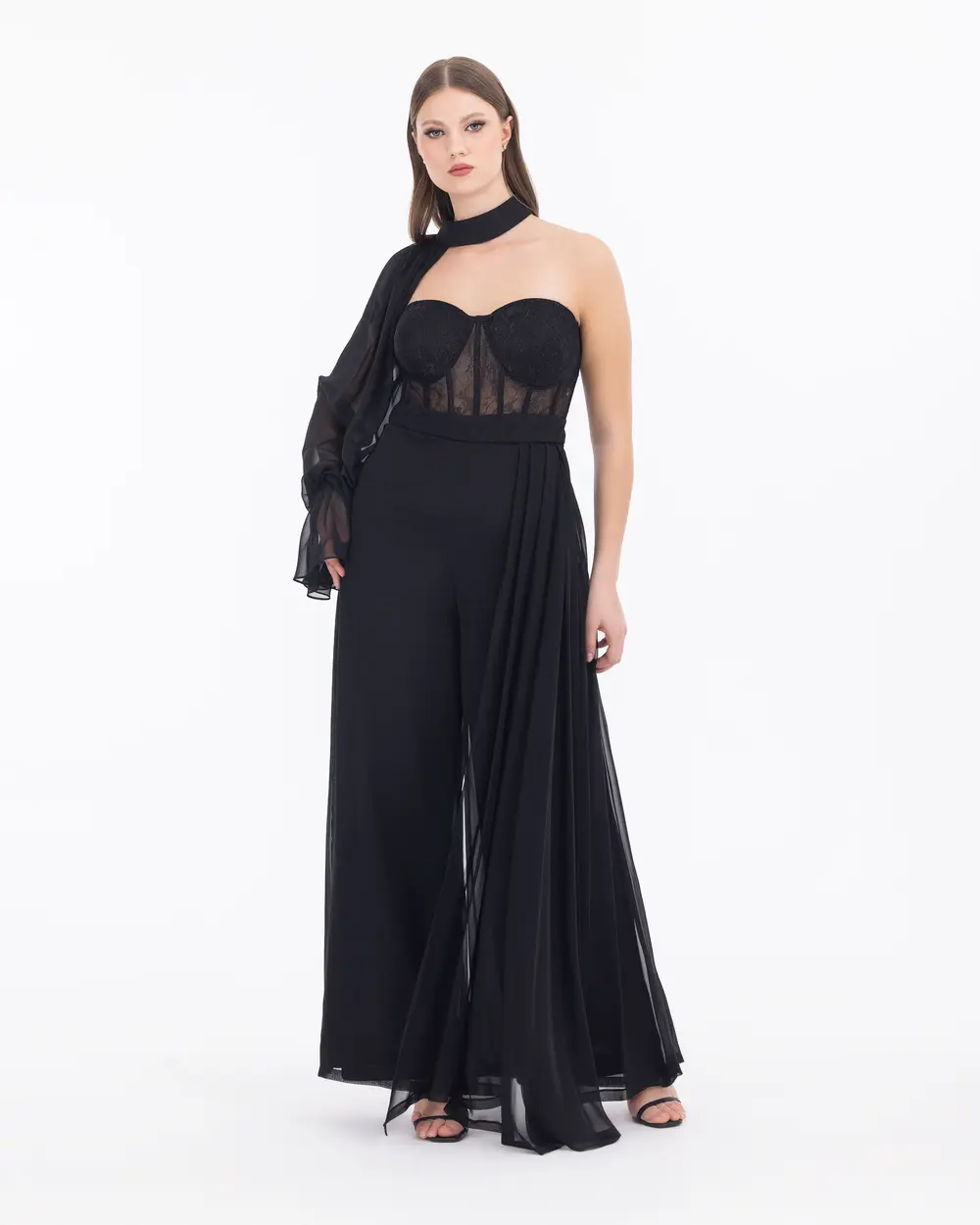 Bust Cup Detachable Sleeve Lace Evening Dress