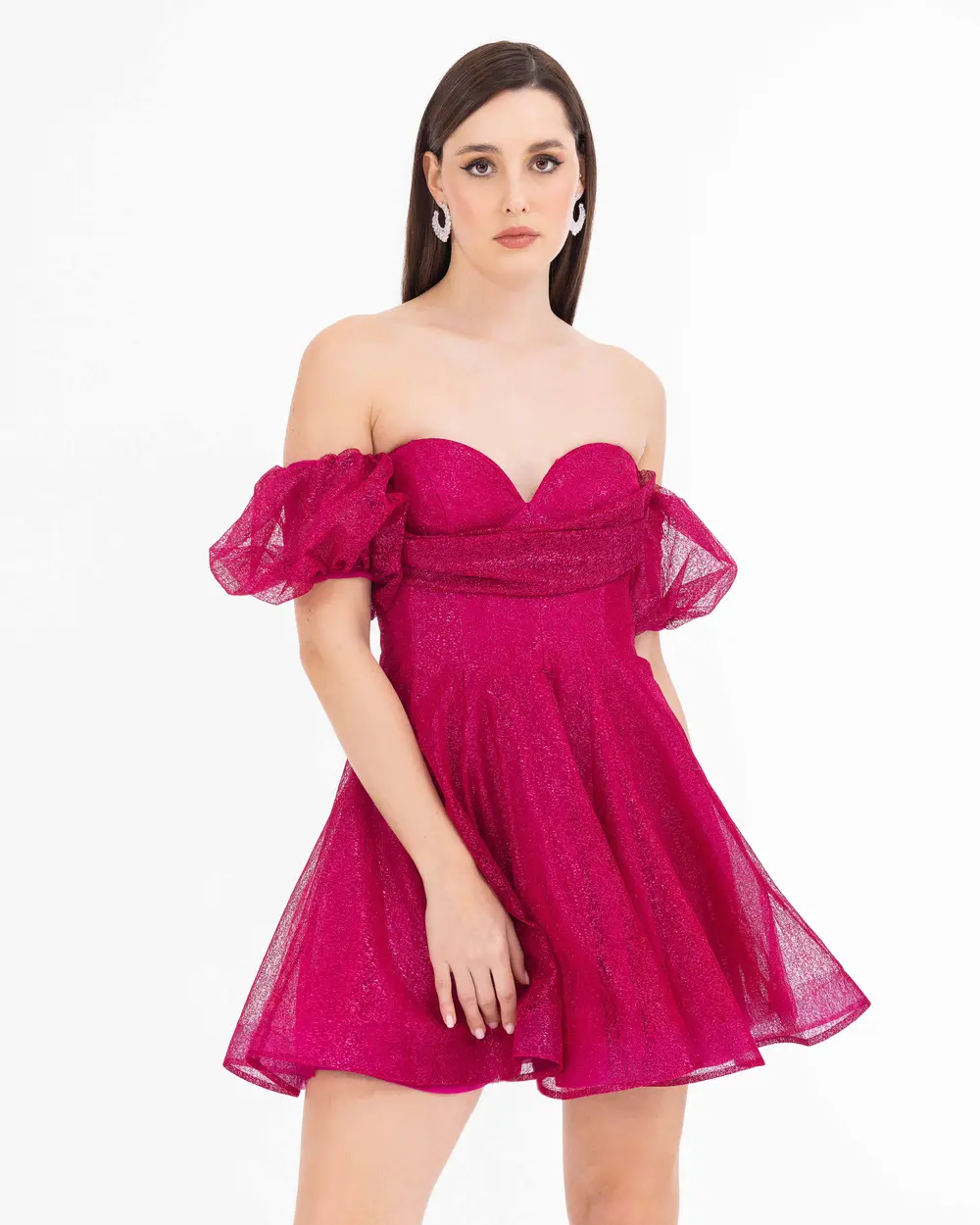 Draped Balloon Sleeve Glittery Mini Length Evening Dress