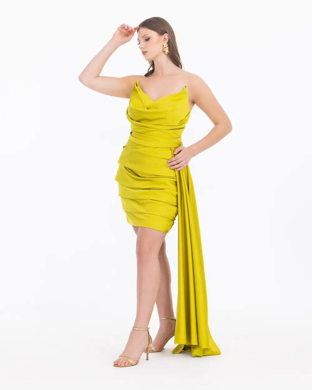 Dovetail Collar Narrow Form Satin Woven Evening Dress