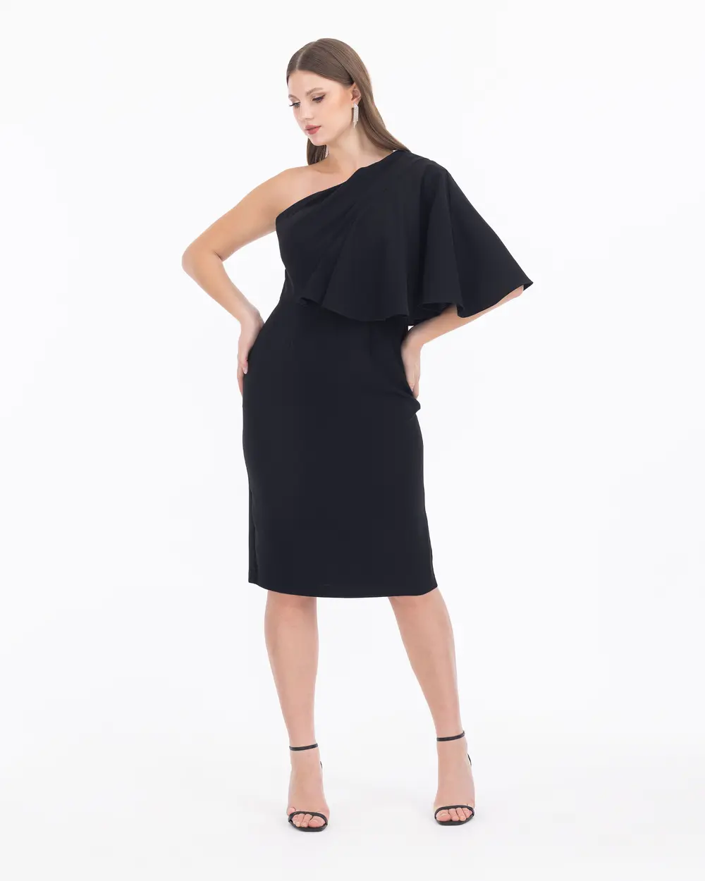Asymmetrical Cut Cape Sleeve One Shoulder Evening Dress