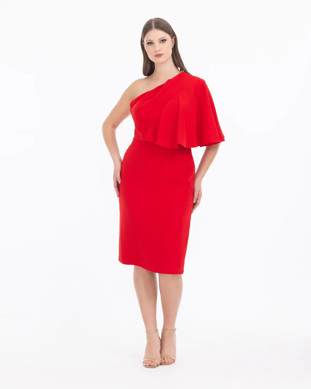 Asymmetrical Cut Cape Sleeve One Shoulder Evening Dress