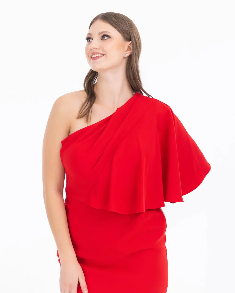 Asymmetrical Cut Cape Sleeve One Shoulder Evening Dress